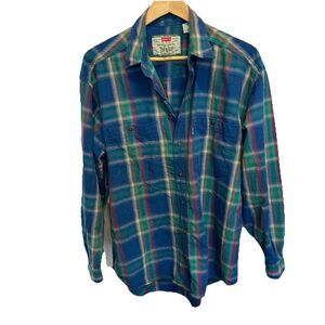 Vintage Levi’s The Two Horse Brand Tag Plaid Blue Button Up Size Medium Green